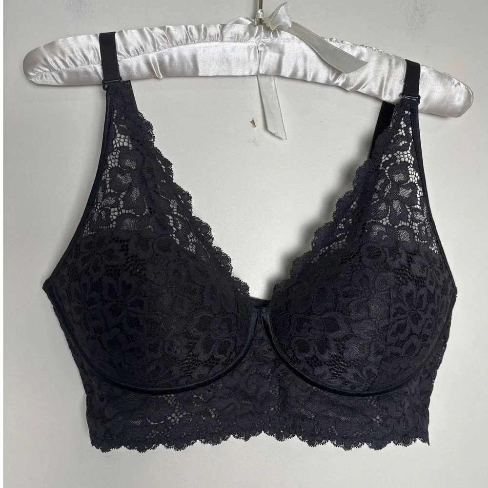 Maidenform Womens Longline Lace Wireless Bra 38D Black Floral Layering